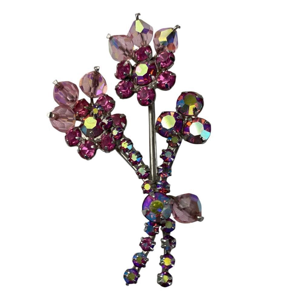 Elegant Pink Floral Brooch Austrian Crystals Aurora Borealis flower spray Vtg
